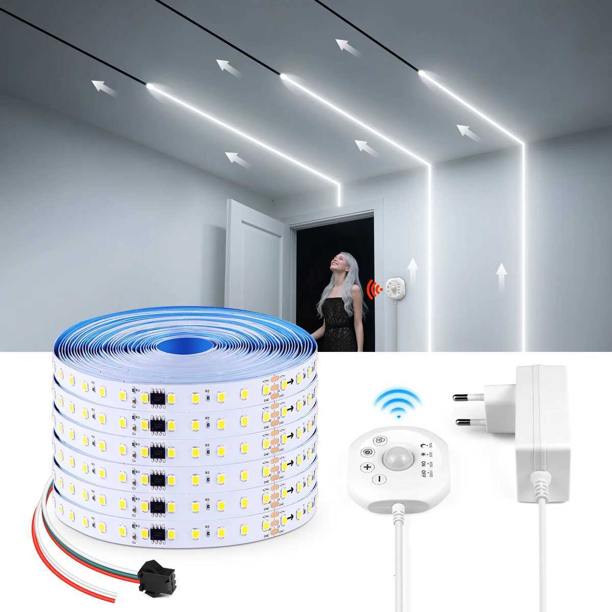 Running Water Flow Chasing LED Strip Lights 24V Motion Sensor Self-adhesive Tape Light For Stair Corridor Ceiling Room Decor M251129