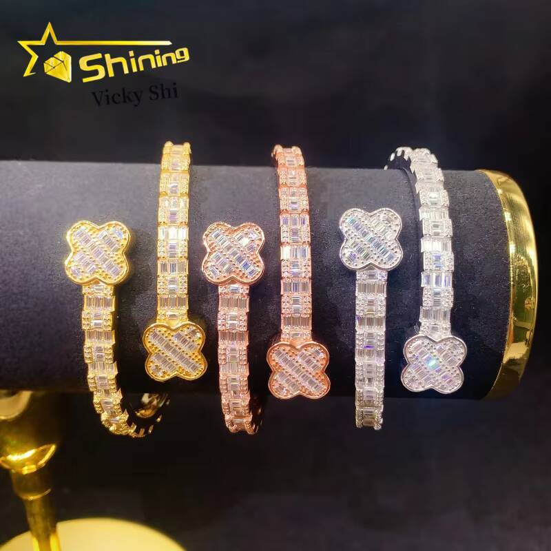 Iced Out Fine Jewelry S925 Silver Four Leaf Clover Design VVS Moissanite Diamond Bracelet Pass Diamond Tester
