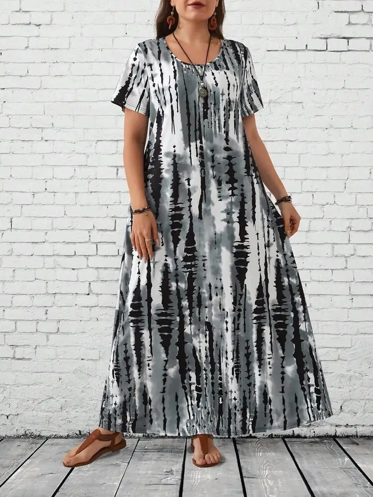 Summer womens casual round neck tie dye printed long skirt plus size dress 250420