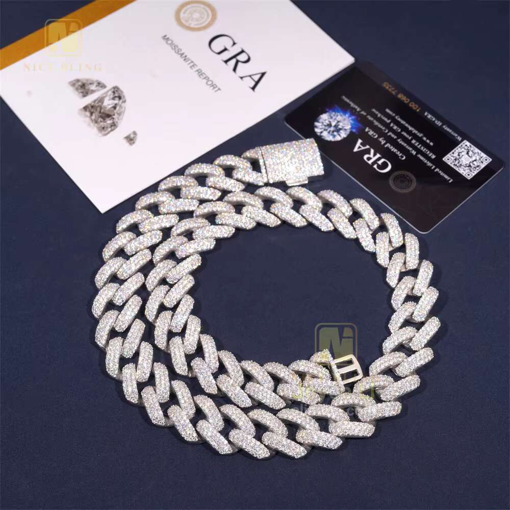 Fine Jewelry Mens Iced Out Jewelry Three Rows 20mm Silver 925 Moissanite Hip Hop Jewelry Cuban Link Chain Men Necklace