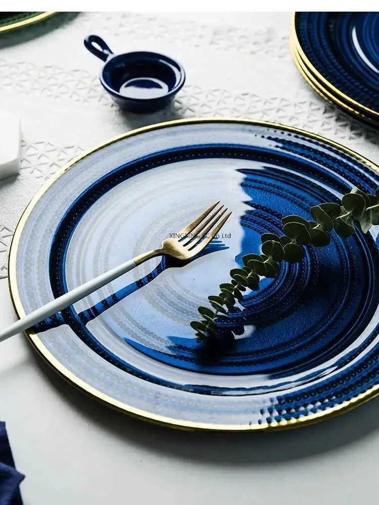 Luxury 13 Inch Plate Nordic Light Luxury Golden Blue Steak Household Round Restaurant Serving Kitchen Tableware Y251129