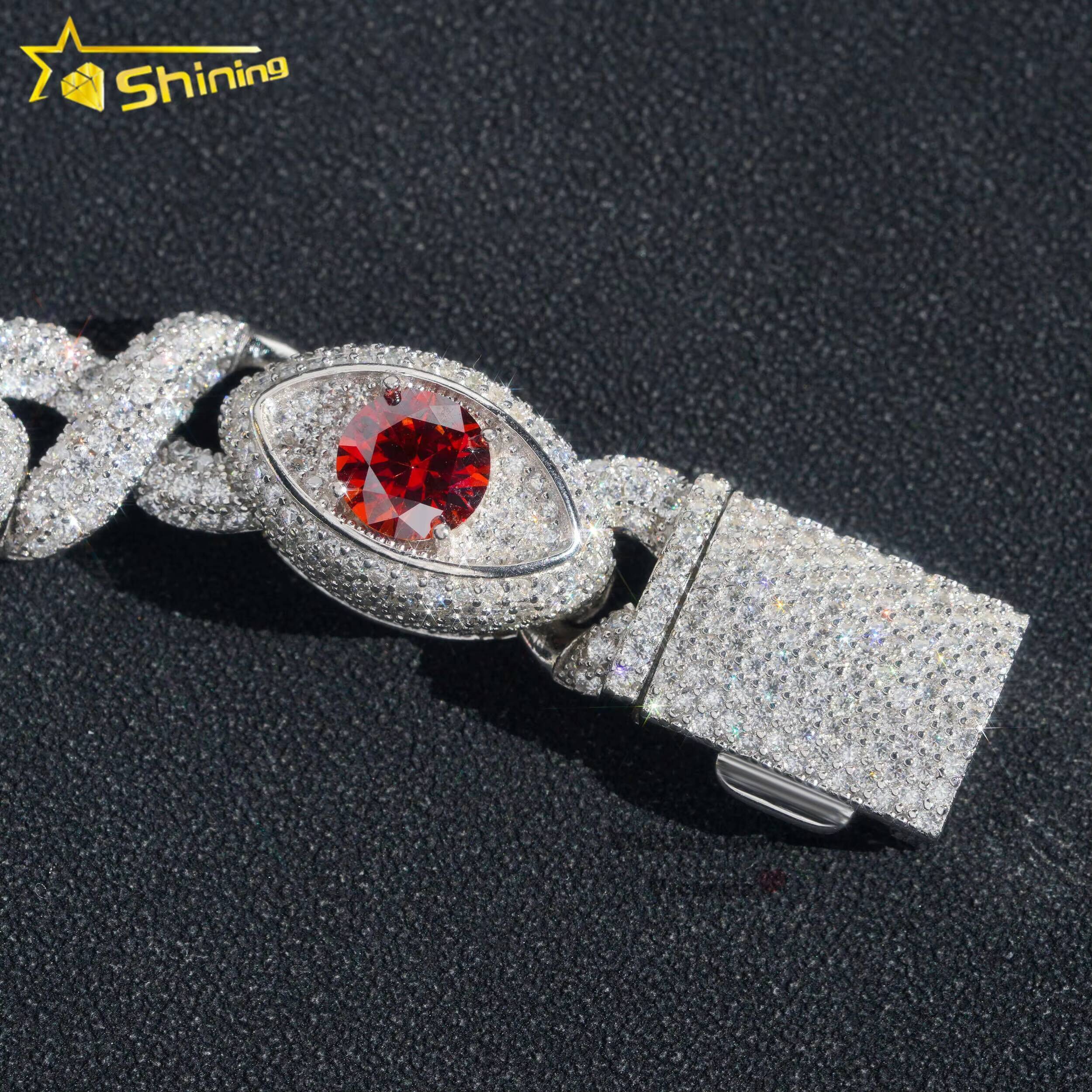 Fine Jewelry Iced Out 925 Sterling Silver 15mm Width Evil Eyes Cuban Link Moissanite Bracelet with Color Moissanite