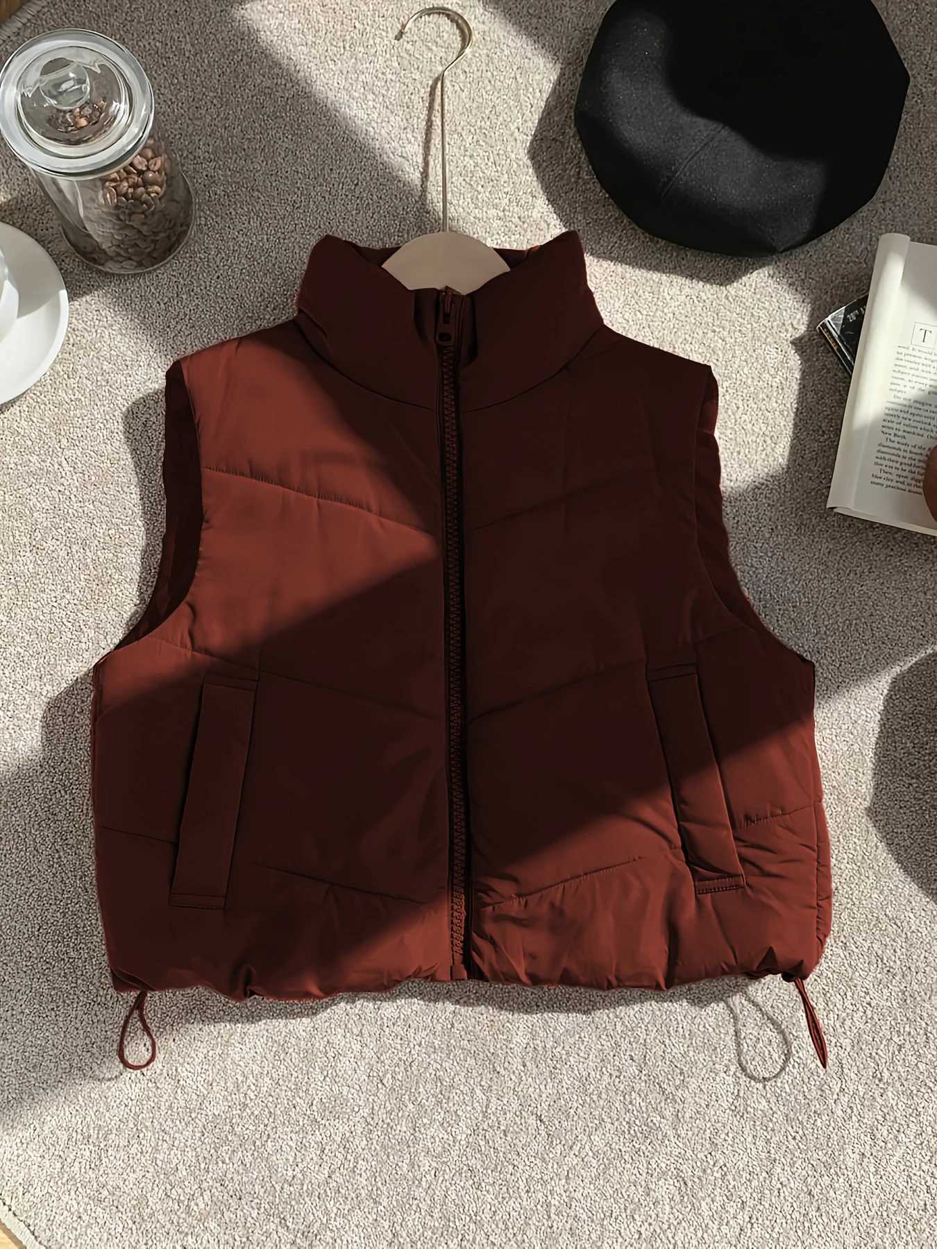 Essential for Womens Autumn Winter Brown Stand-Up Collar Zipper Down Vest - Warm Stylish Essential for Casual OutingsT251129