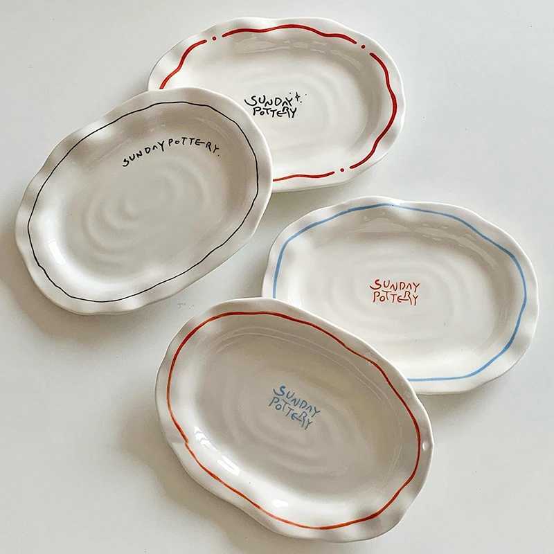 Luxury Ceramic Oval Dessert Plate Irregar Retro Letter Print Pastry Disc Butter Knife Korean Breakfast Plate Tableware Y251129