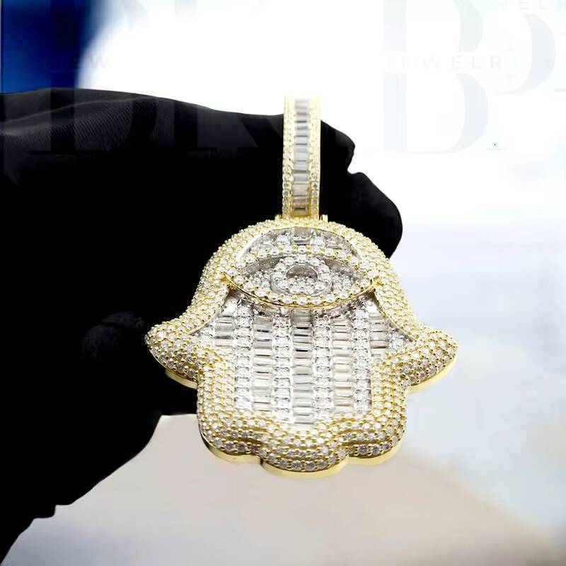Hip Hop Hamsa Hand Necklace Pendant Iced Out 925 Sterling Silver With 18K Gold Plated Eye Hamsa Hand Moissanite Pendant