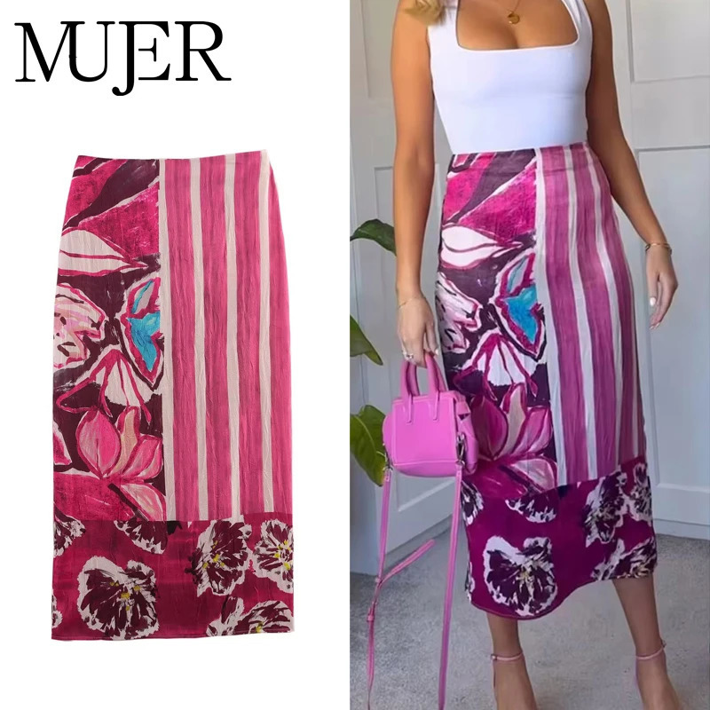 MUJER Print Satin Long Skirts for Women High Waist Midi Skirt Woman Summer Straight Womens Skirt Cylinder Vintage Woman Skirt 251126