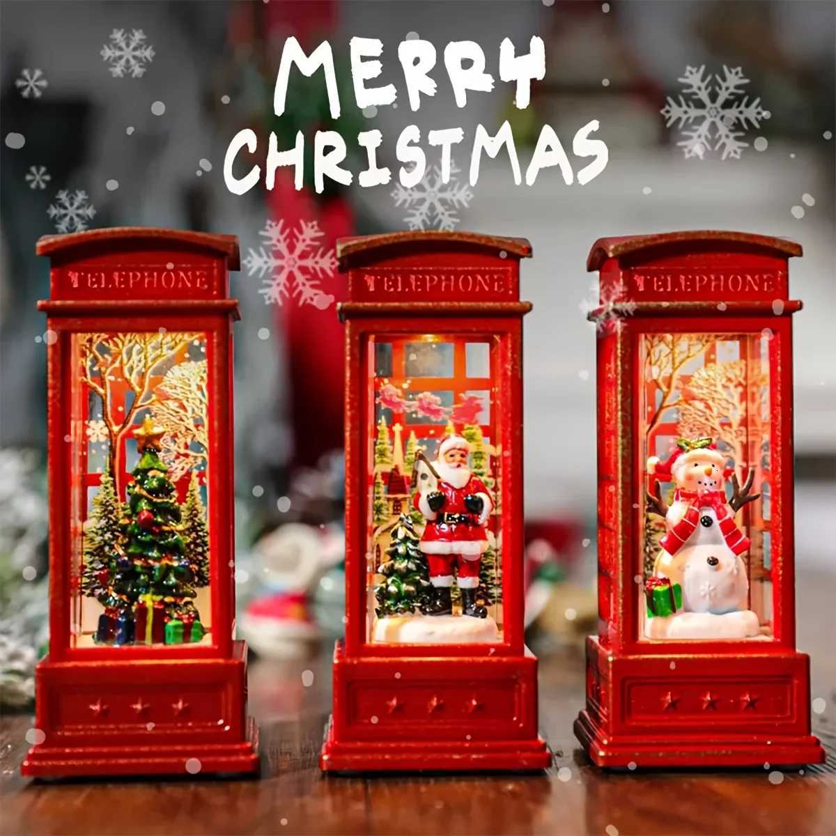 Christmas Phone Booth Decoration with Santa Claus Snowman Tree - Red Retro Telephone Booth Ornament With Light He Decorator H251129