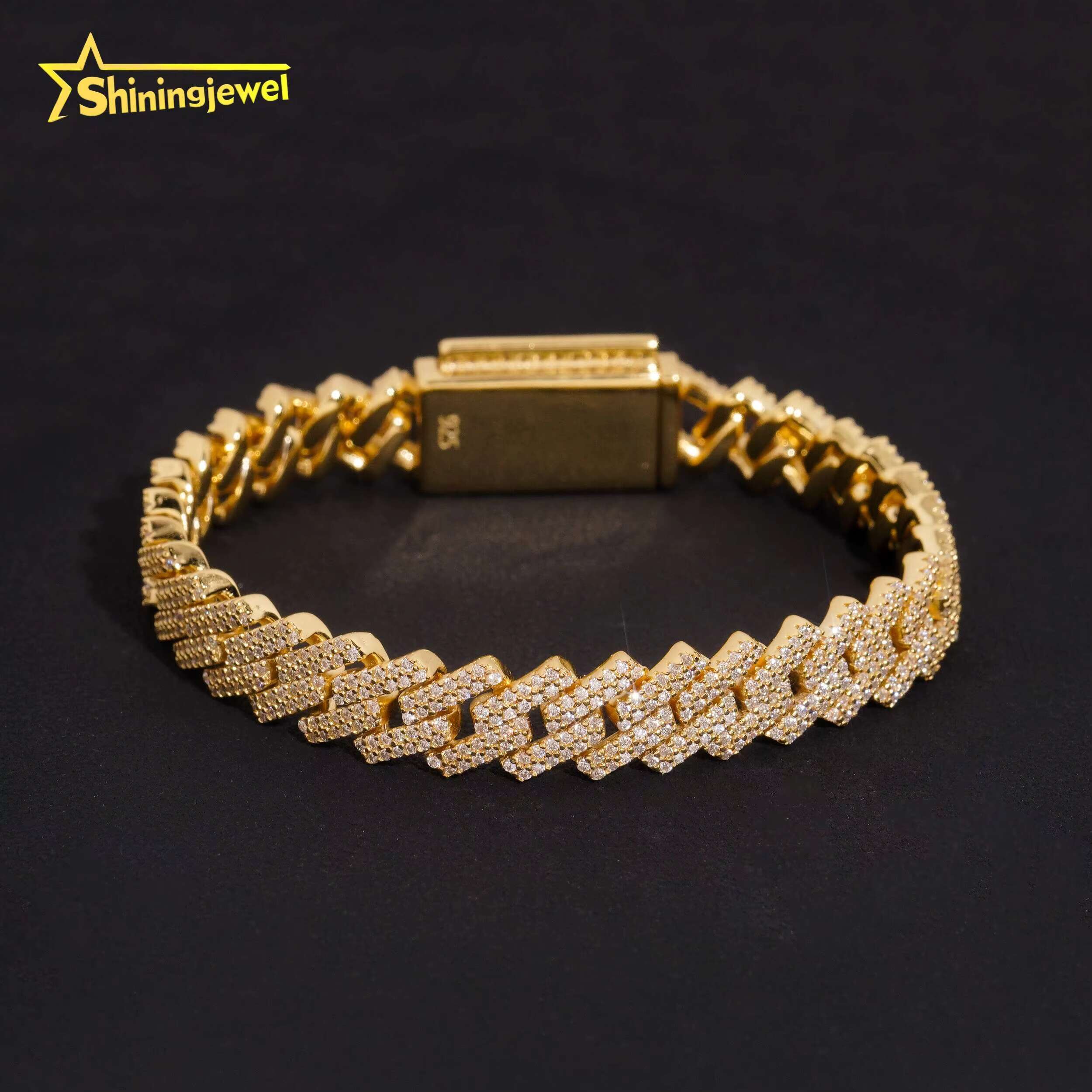 Stocks 10MM Rapper Bracelet 925 Sterling Silver Gold Plated Hip Hop Jewelry VVS D Color Moissanite Cuban Link Bracelet