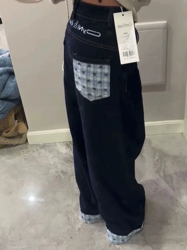 New Womens High Waist Turn-Up Wide Leg Straight Denim Pants Japanese High Strt Bow Knot Plaid Design Casual Patchwork Jeans L250724