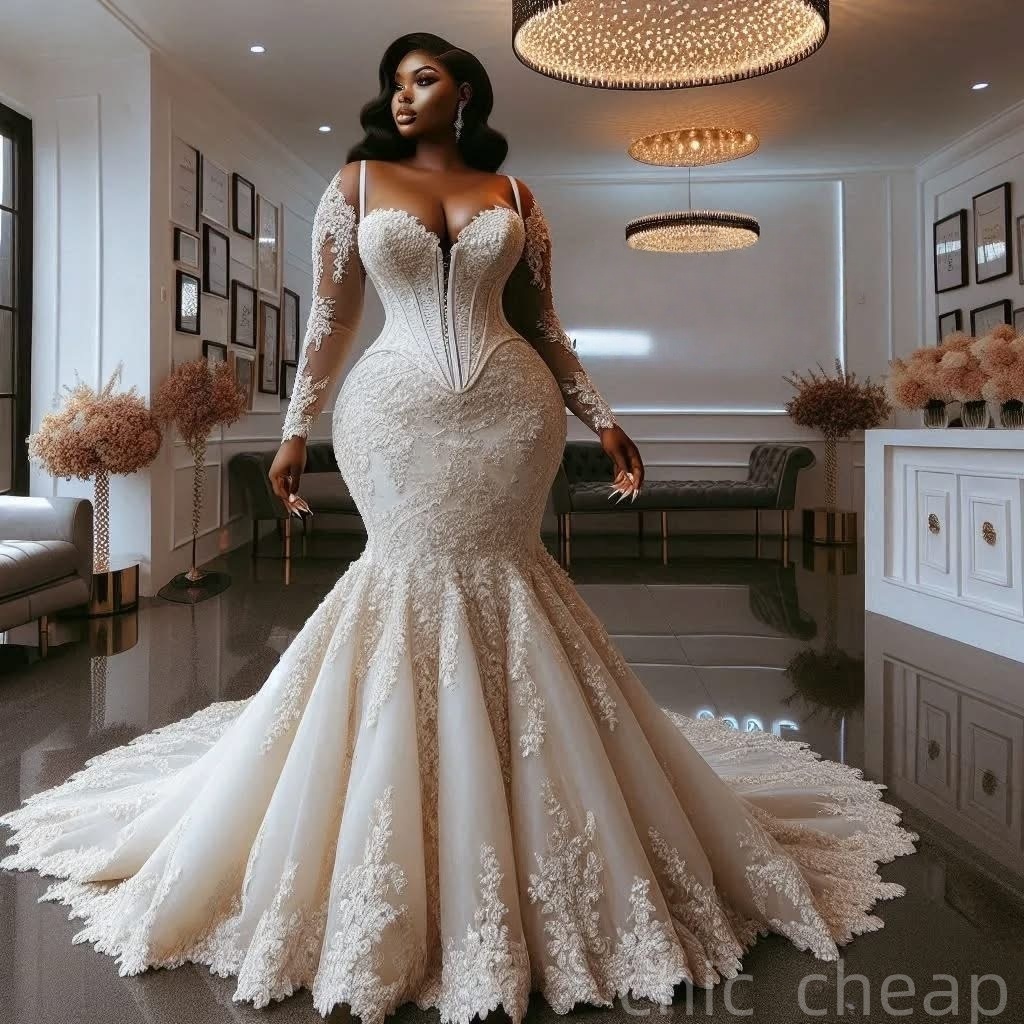 2025 Oversize Aso Ebi Plus Size Ivory Wedding Dress Full Sleeves Lace Court Train Vintage Bridal Gowns Dresses ZJ067