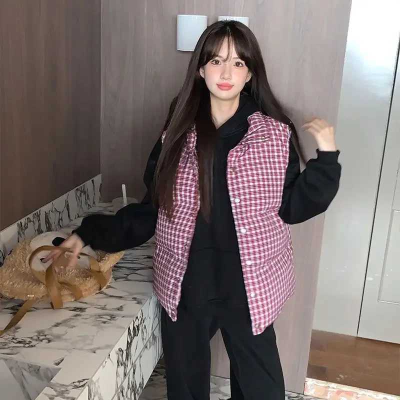 Lattice Womens Padded Cotton Vests Blue Korean Style Clothes Fashion 2025 Lady Giletes Insulated Demi-season Warm Trend ColdT251129