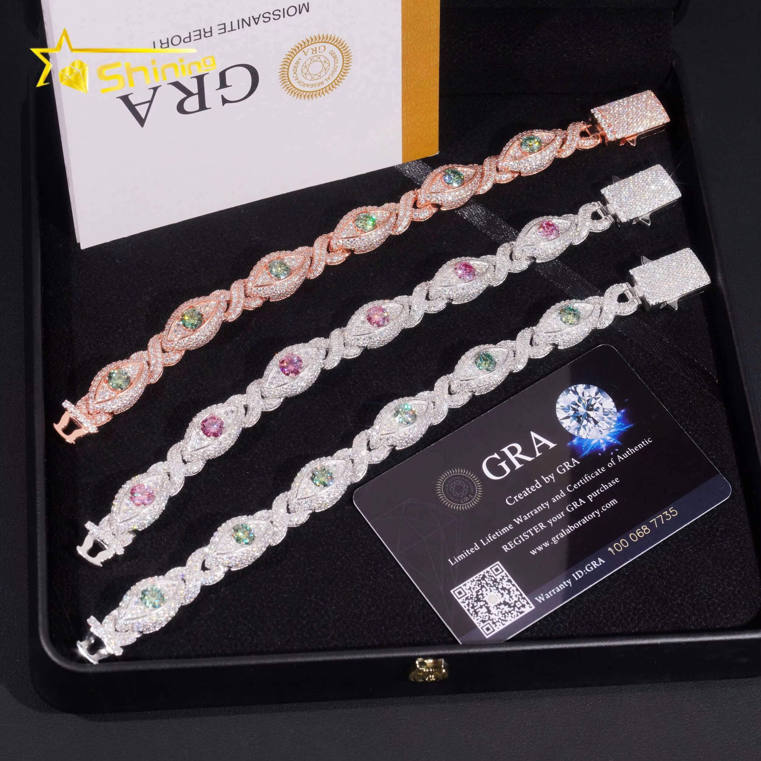 Hot Sale Colorful Moissanite Eye Design Mens Bracelet 925 Sterling Silver Gold Plated Cuban Link Chain Iced Out Bracelet