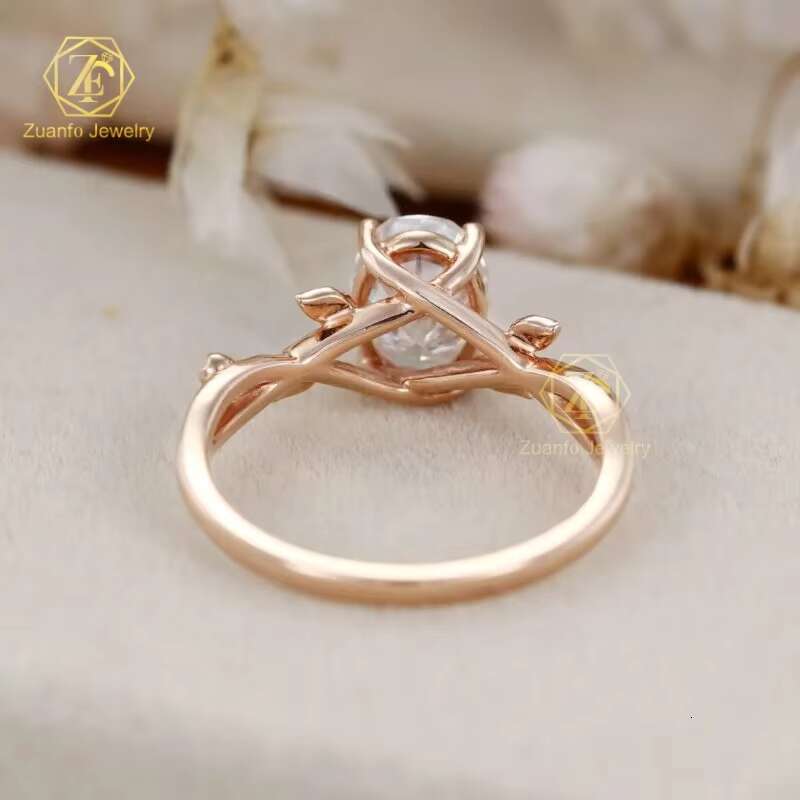 Custom Leaf Style 10K 14K 18K Real Rose Gold Gra Certified 1.5 ct 6x8mm Oval Moissanite Engagement Wedding Ring for Women