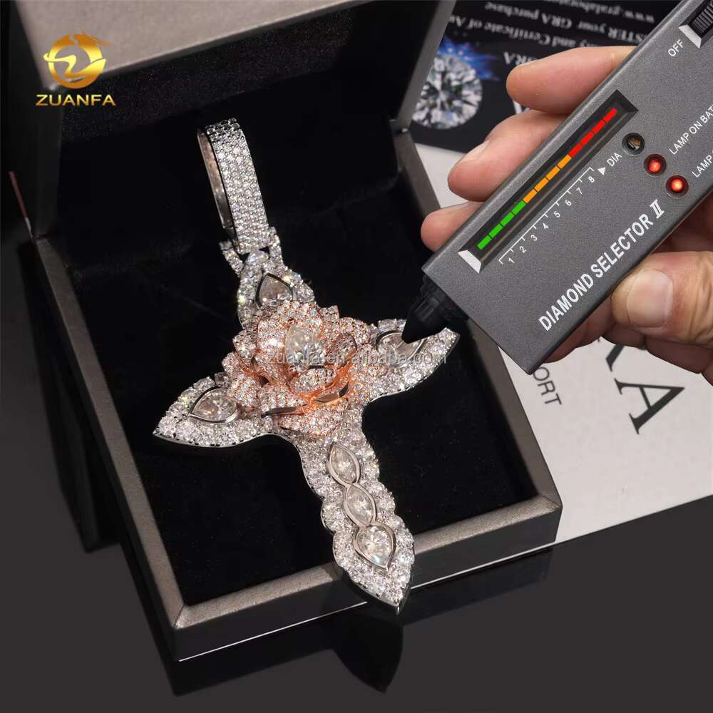 Cusrtomized Fashion Man Jewelry Rose+White Gold Color Hip Hop Pendant S925 VVS1 Moissanite Diamond Rose Flower Cross Pendant