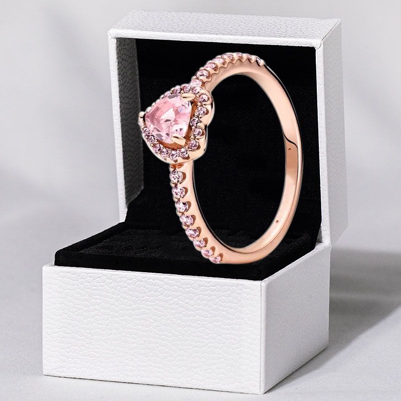 Rose gold Pink stone Elevated Heart Rings with Retail Box Real 925 Silver CZ diamond Women Wedding Nail Love Engagement Ring Factory wholesale