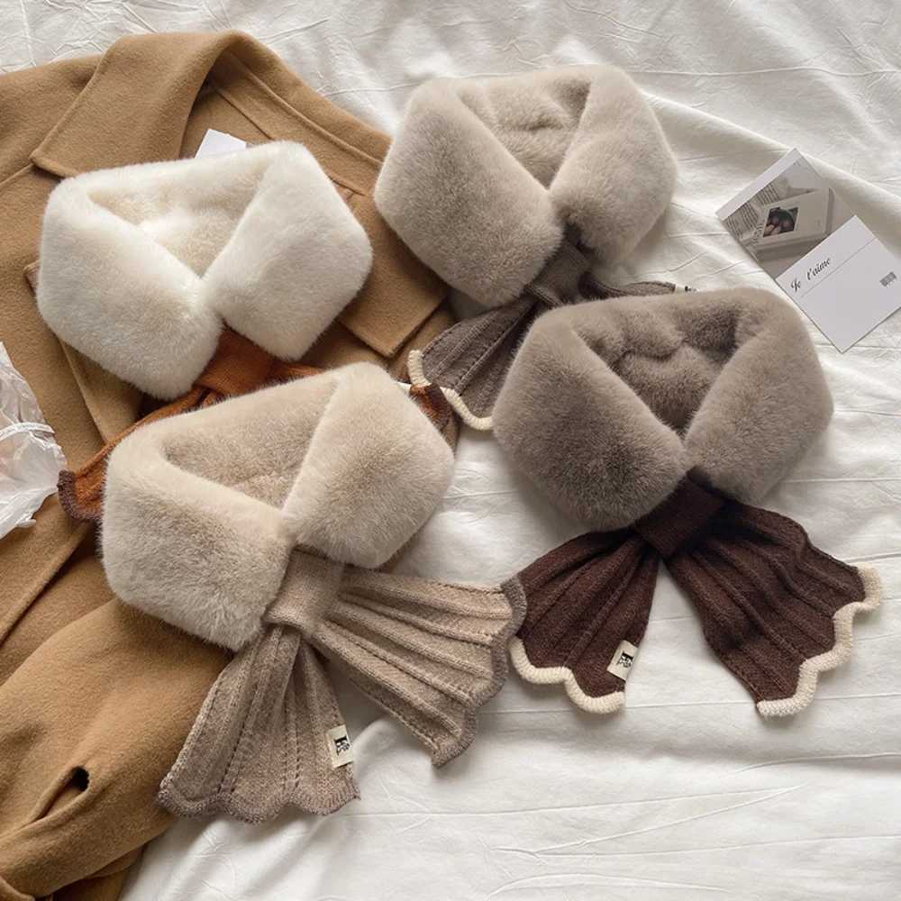Winter Plush Scarf Woman Thick Fish Tail Wool Knit Cross Fur Collar Outdoor Cycling Neck Protect Cervical Spine Warm ScarveJ251129