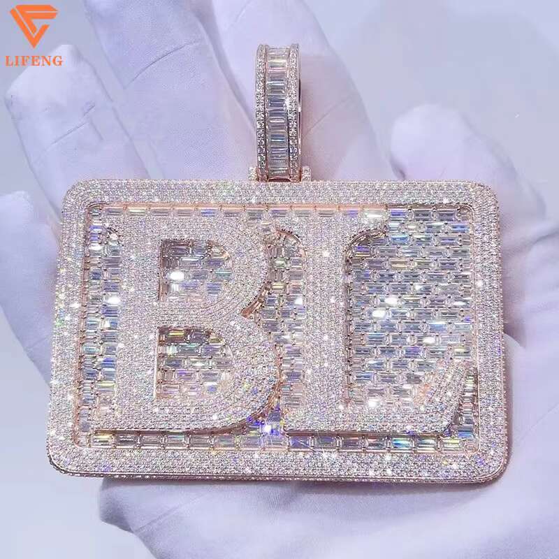 Custom Sterling Sier Chain Hip Hop Initial Letter Rose Gold Pendant Charms Baguette Cut Iced Out VVS Moissanite Jewelry