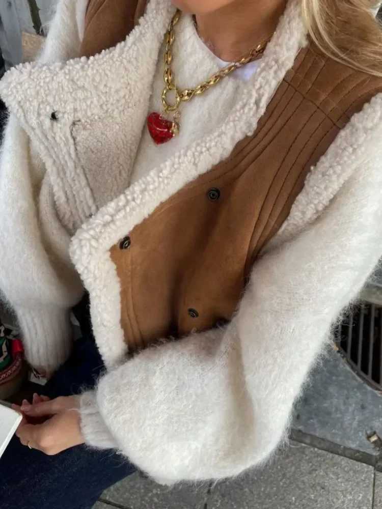 Faux Leather Fur Vest For Women Elegant Turndown Collar Sleeveless Warm Jackets 2025 Winter Chic Casual Female Waistcoat VestsT251129