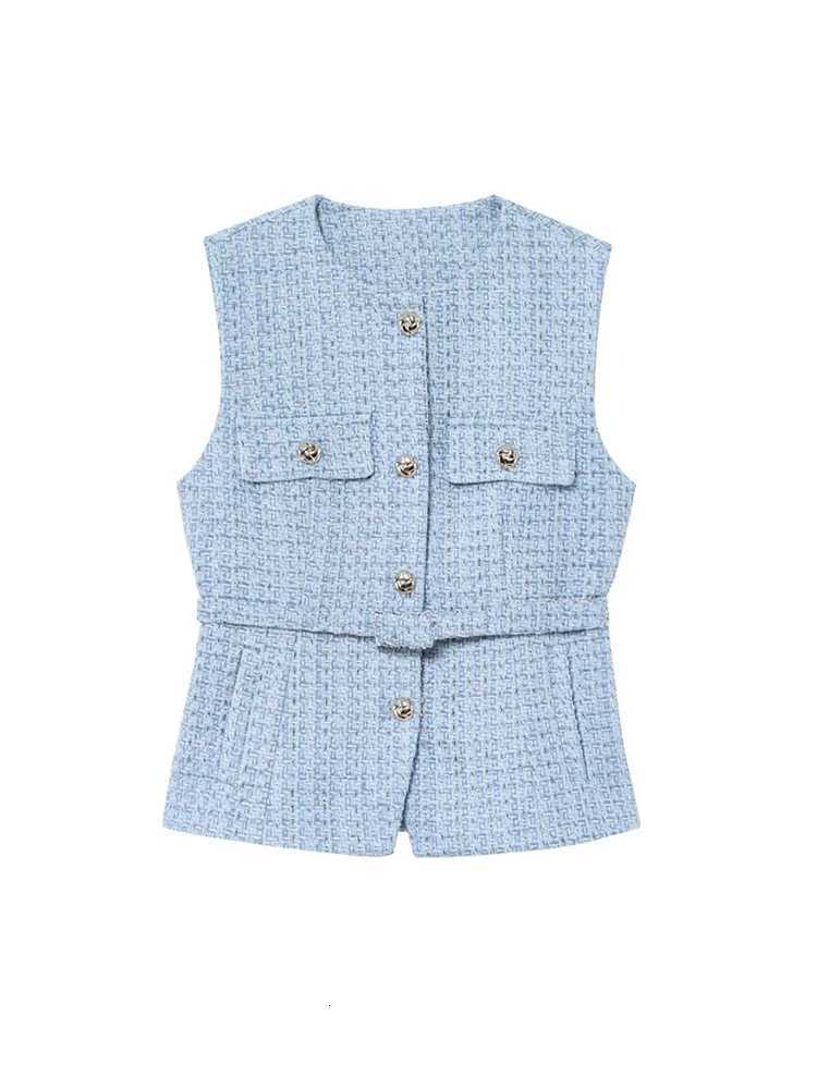 Womens Tweed Waistcoat with Belt O Neck Sleeveless Front Button Female Outerwear Chic Tops FashionT251129