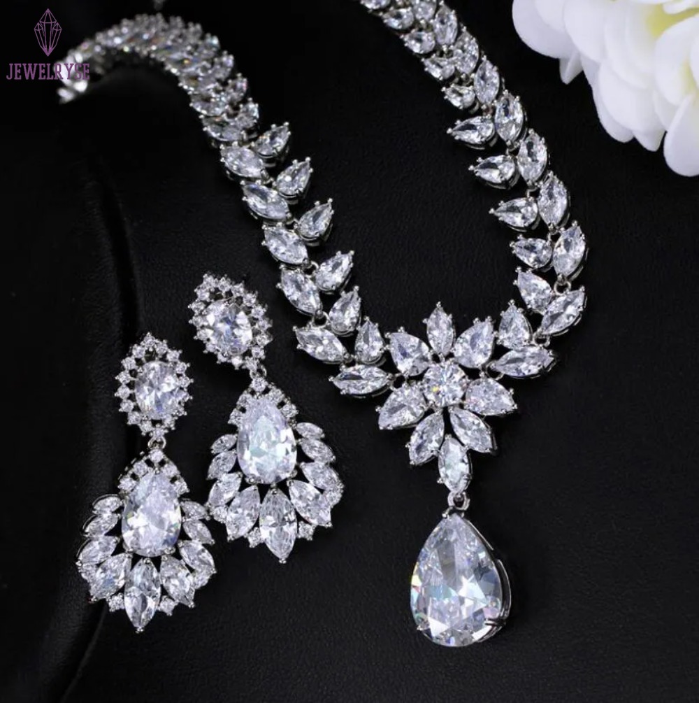 Top Sell Wedding Jewelry Set Luxury Jewelry 18k White Gold Fill Water Drop 5A Cubic Zircon CZ Diamond Dangle Earring Flower Necklace Gift