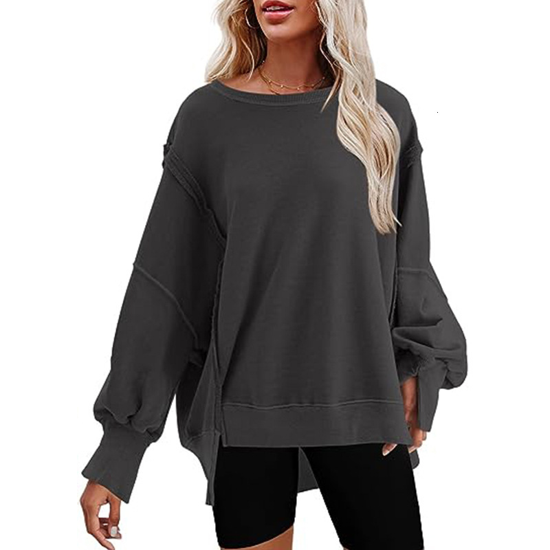 womens clothing autumn winter new womens oversized round neck sports shirt with side slit long sleeved hoodie for women
