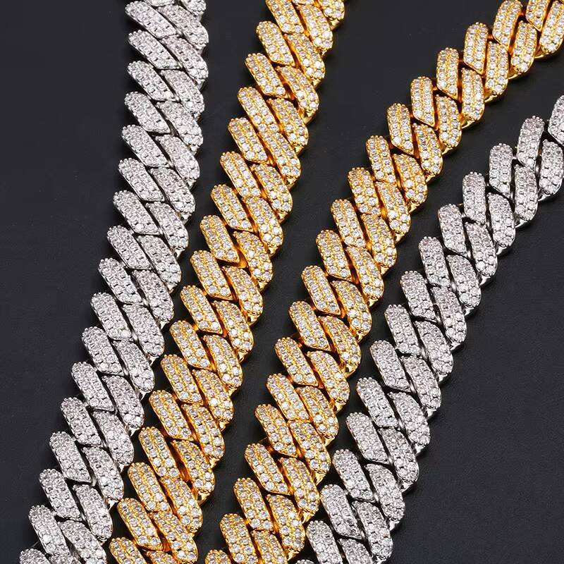 20mm Diamond Shape Thick Hiphop Bling 925 Sterling Silver 3 Rows Moissanite Stones Cuban Chain