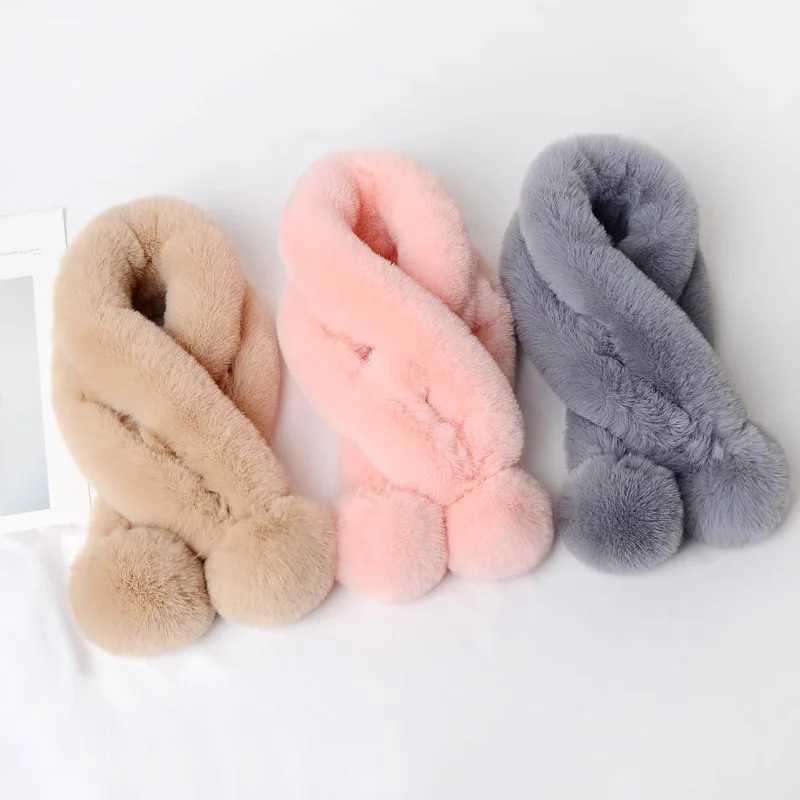 1pc Plush Cross Scarf Faux Rabbit Fur Thickened Plush Ball Thermal Scarf Thick Winter Women Neck Warmer Collar NeckerchiefJ251129