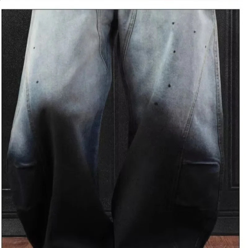 American retro gradient high street splash ink personality loose curved knife hip-hop jeans mens and womens trendy casual pants 250423