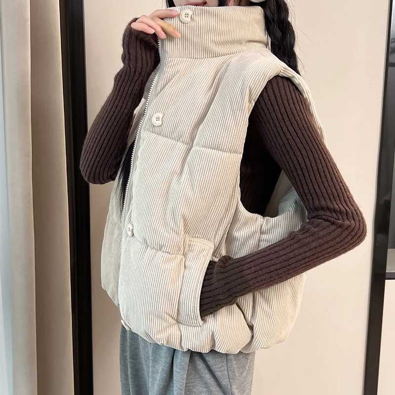 Autumn Winter Sleeveless Puffer Vest Jacket Women Stand Collar Down Cotton Vest Coat Corduroy Puffer Waistcoat OutwearT251129