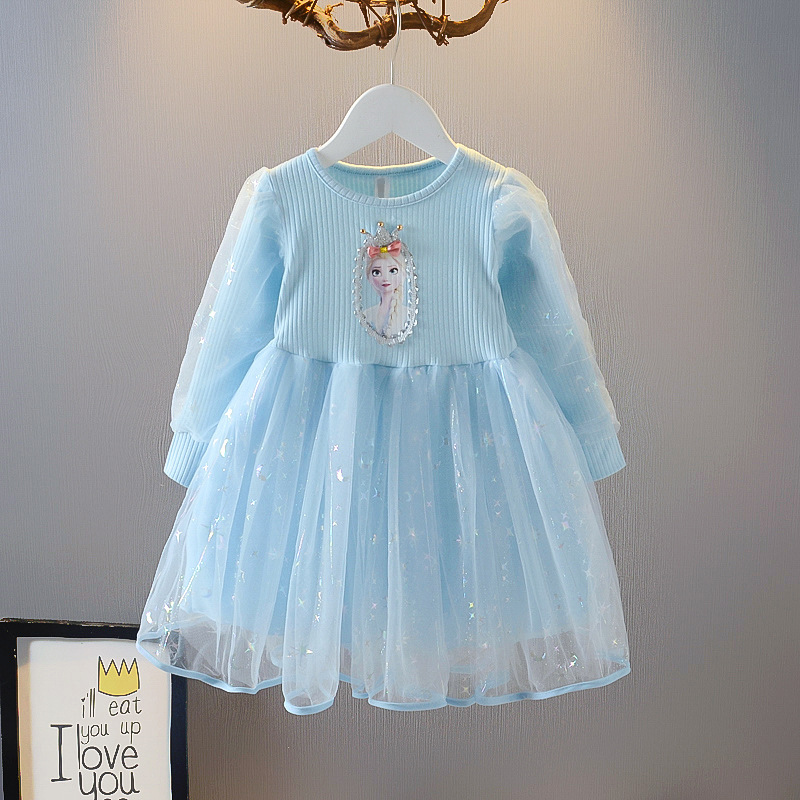 Disney Frozen Girls Princess Dress Beach Skirt Evening Gown Baby Designer Clothing Spring Set Elsa Princess Dress with Puff Sleeves and Sequin Gown Gi