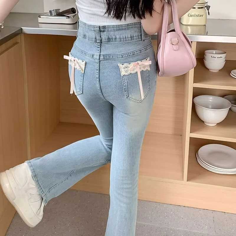 Woman Daily Vintage Blue Flare Jeans Female High Waist Stretch Bell Bottom Pants Kawaii Lace Bow Decoration Denim Trousers M260310