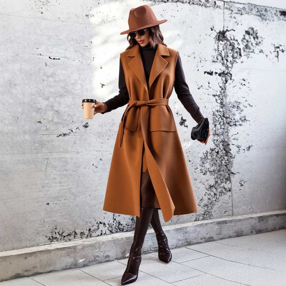 2025 New Mid-Length Trench Coat Vest for Women Elegant Tie Waist Sleeveless Wool Blend Slim Fit CoatT251129