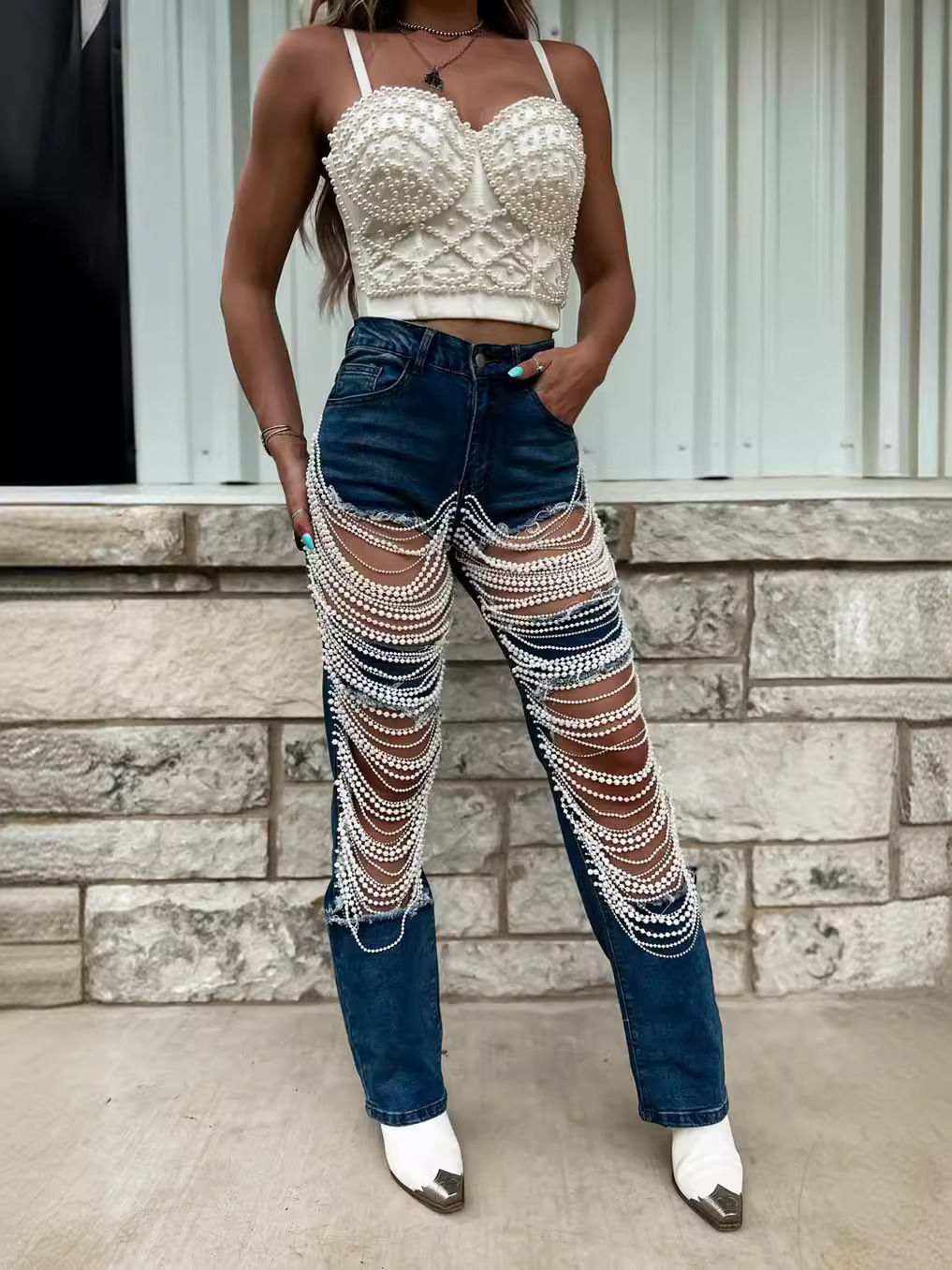CNLONGBIDA Women's Jeans Big Hole Jeans Women's Chain Bead Chain Hanging Accessories Straight Leg Pants