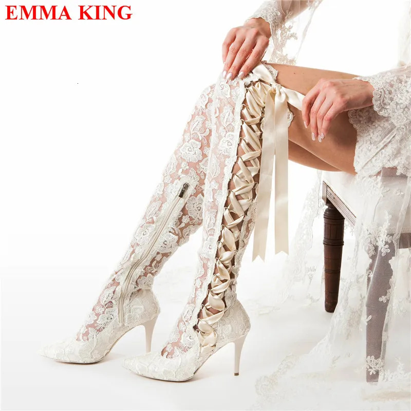 Fashion Black Lace Over The Knee Boots Lace Up Gothic Thigh High Boots High Heels Long Bridal Boots Pointed White Wedding Boots 250428