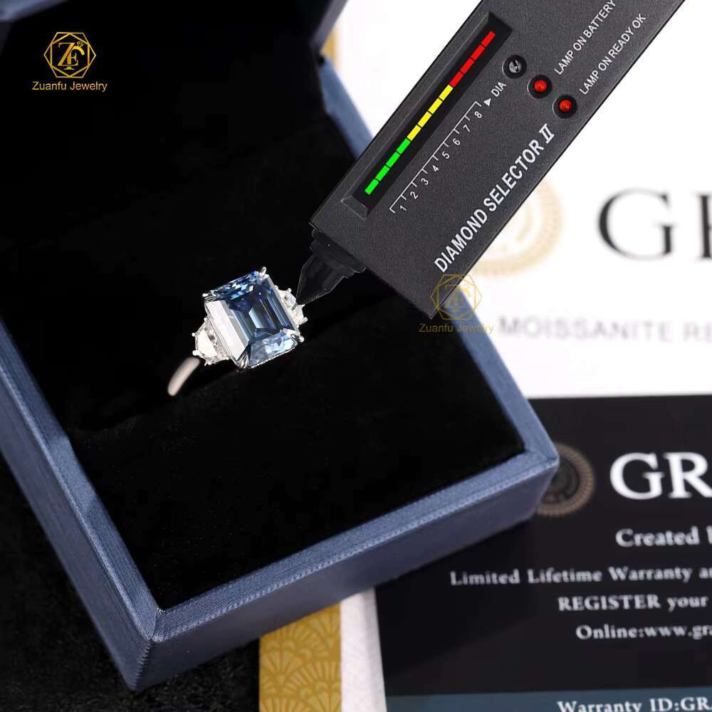 New Design 18K Solid White Gold 3 Carats Emerald Cut Blue Lab Moissanite Diamond Engagement Wedding Ring Dainty Elegant-Factory