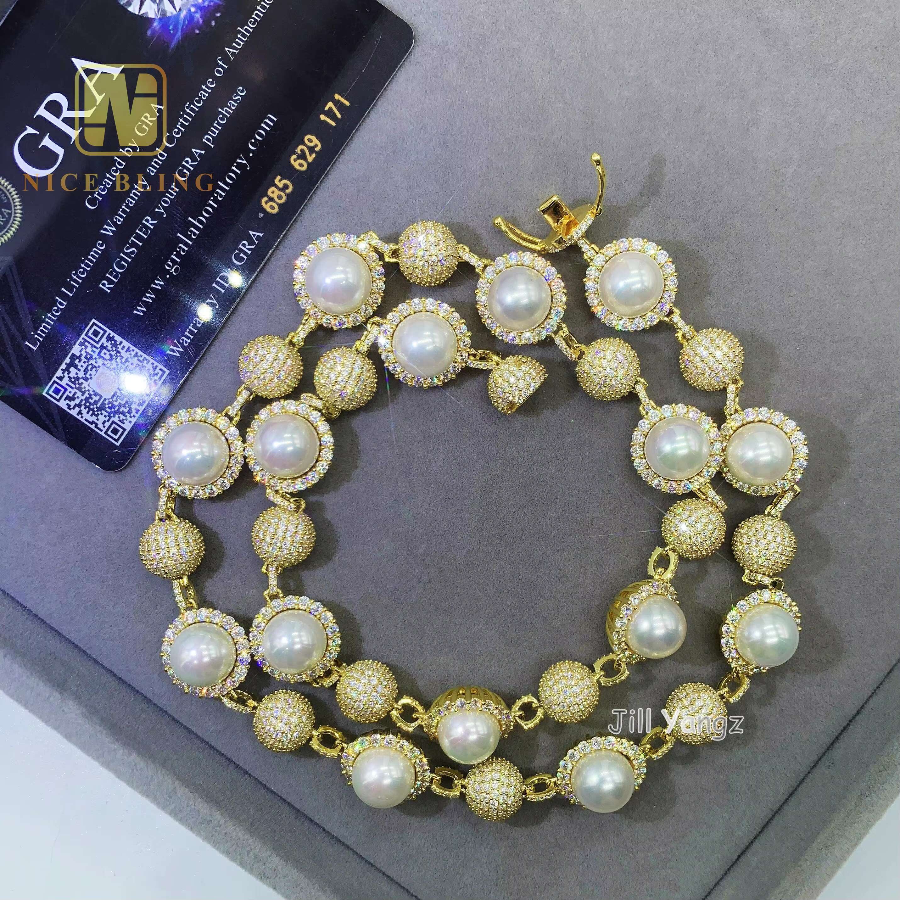 Pearl Chain Necklace for Men Full Iced Out Cuban Link Necklace Fashion Fine Jewelry 18k Gold Plated Necklace 10mm Cuban Chains