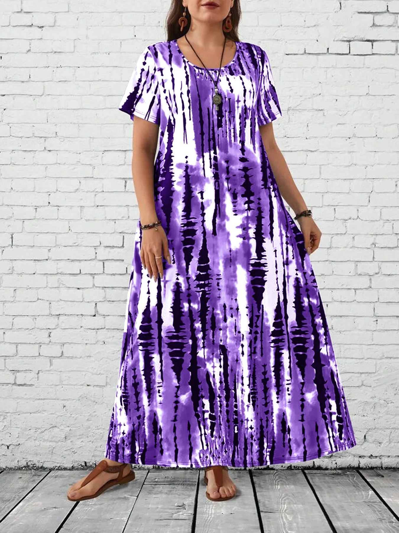 Summer womens casual round neck tie dye printed long skirt plus size dress 250420