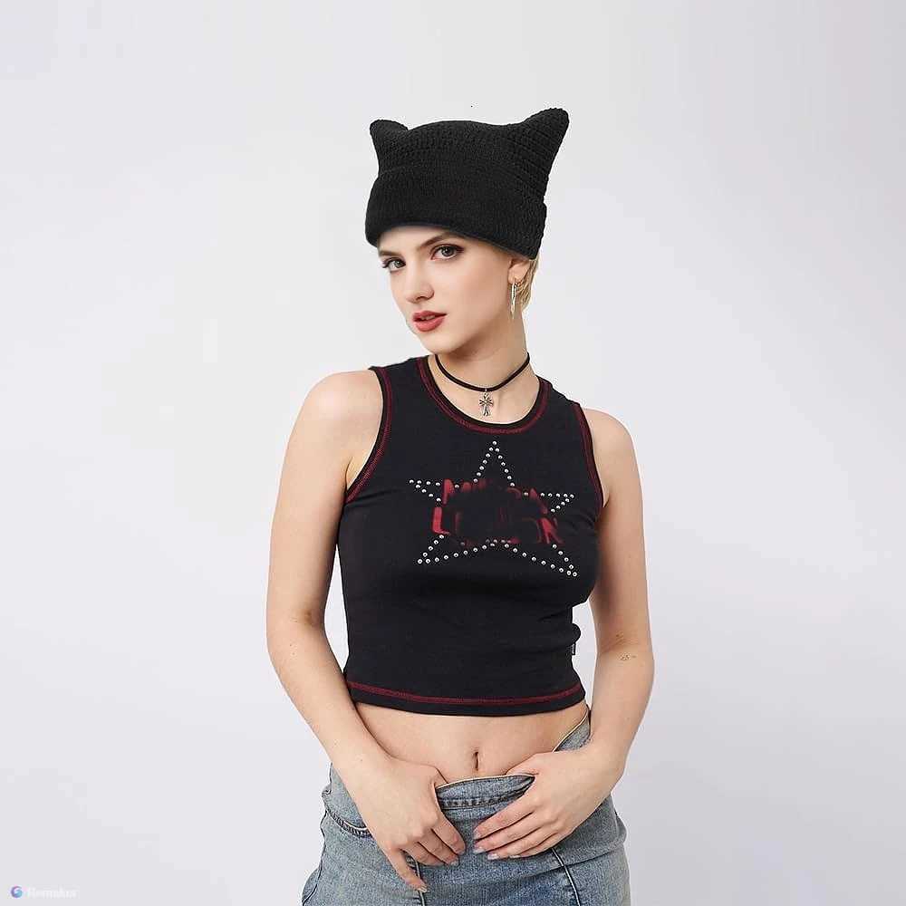 Corchet Cute Cat Ears Beanie Hat for Women Winter Striped Korean Fashion Y2K HipHop Cosplay Knitted Streetwear Men SkulliesXJ251129