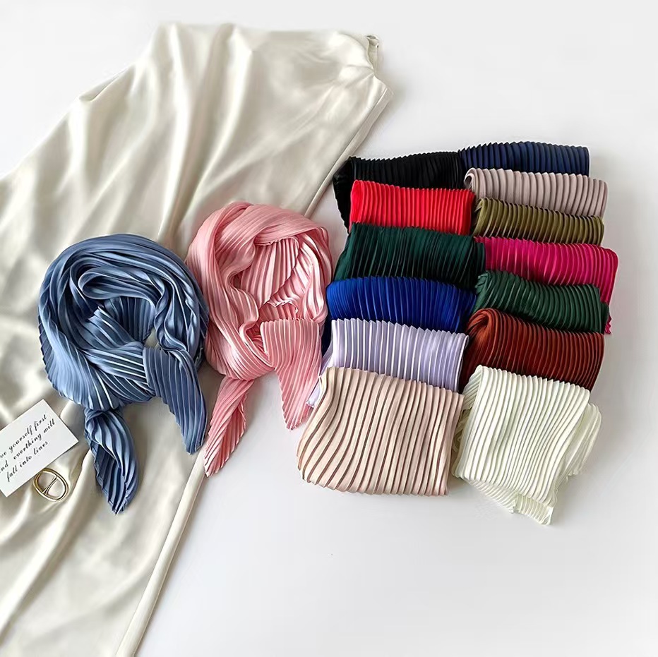 T585 pleated silk scarf solid color scarf female all-match light luxury style scarf simple shawl small hair with headscarf