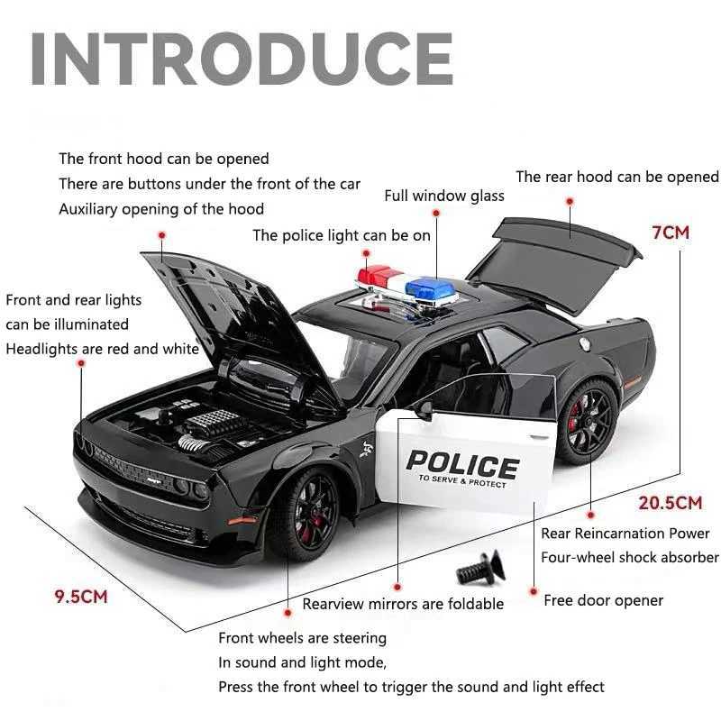 124 Simulated Dodge Hellcat Police Car Model Sound And Light Pull-Back Toy Car Metal Sports Car Boys Collection Ornaments Gift J251129