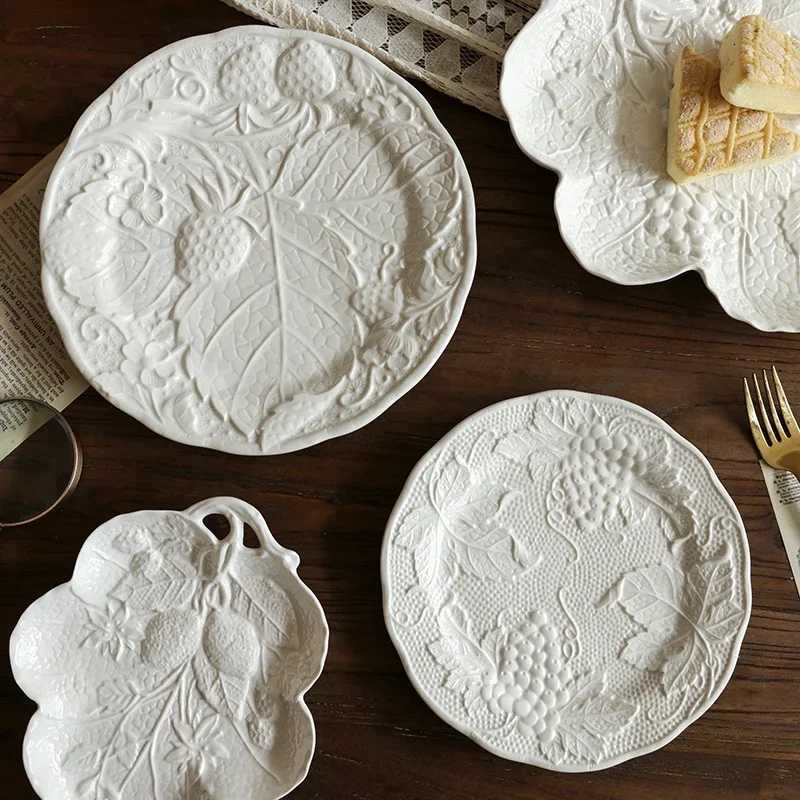 Luxury e White Flowers Dining Plate Retro French Style Ceramic Plates Light Luxury Household Salads Desserts Plate Tableware Y251129