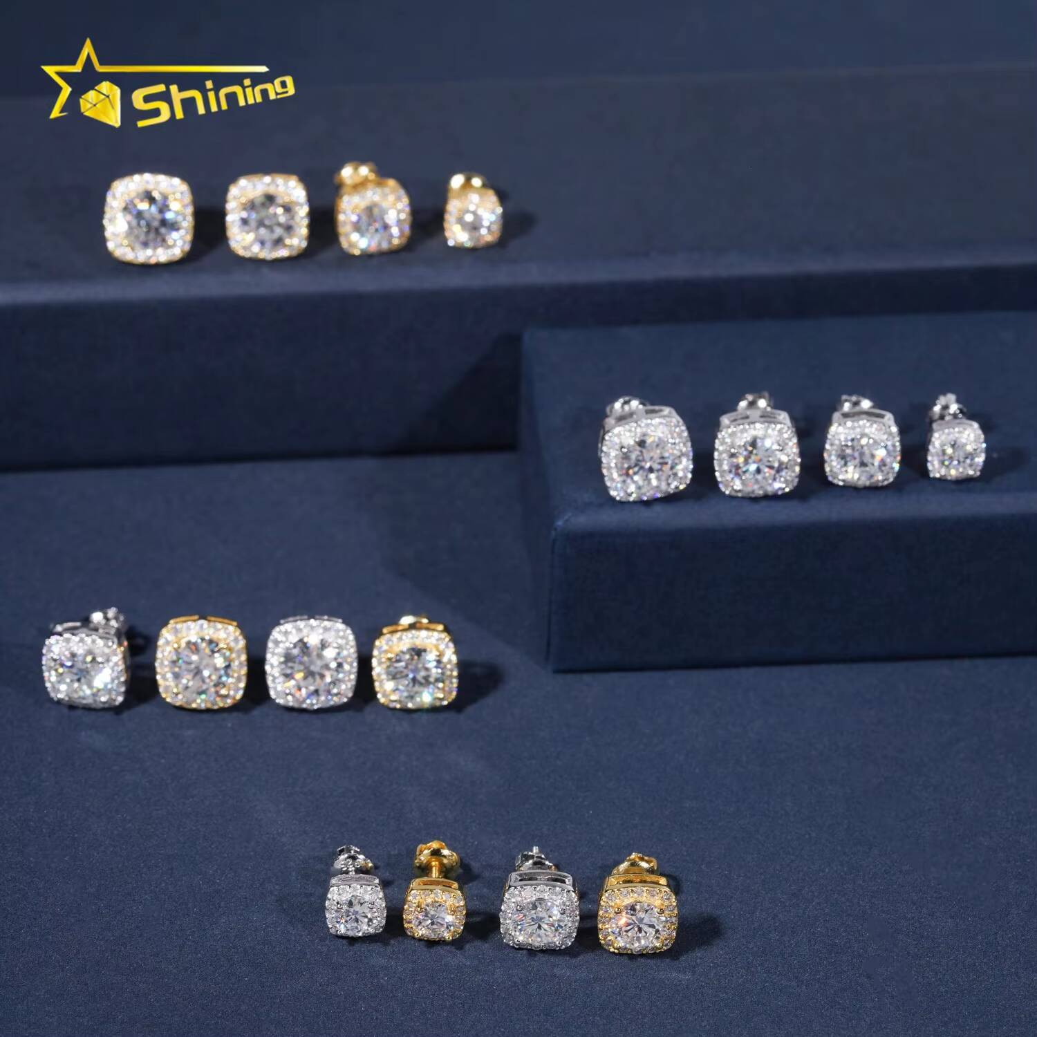 Pass Diamond Tester 925 Silver Screw Back Iced Out 1ct 2ct Hip Hop Halo Square Moissanite Stud Earrings