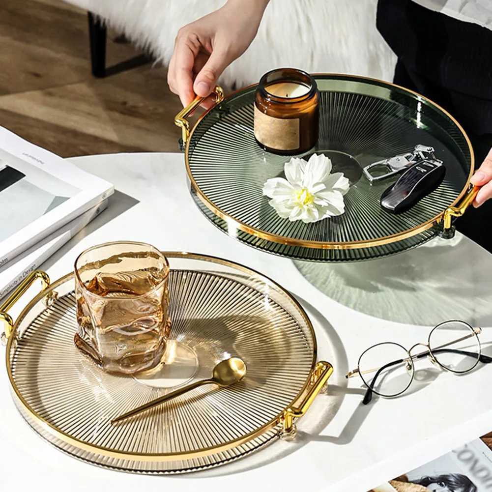 Luxury Storage Tray With Golden Handle Household Tea Dessert Fruit Storage Tray Plate Dinner Plate for Living Room Kitchen Y251129