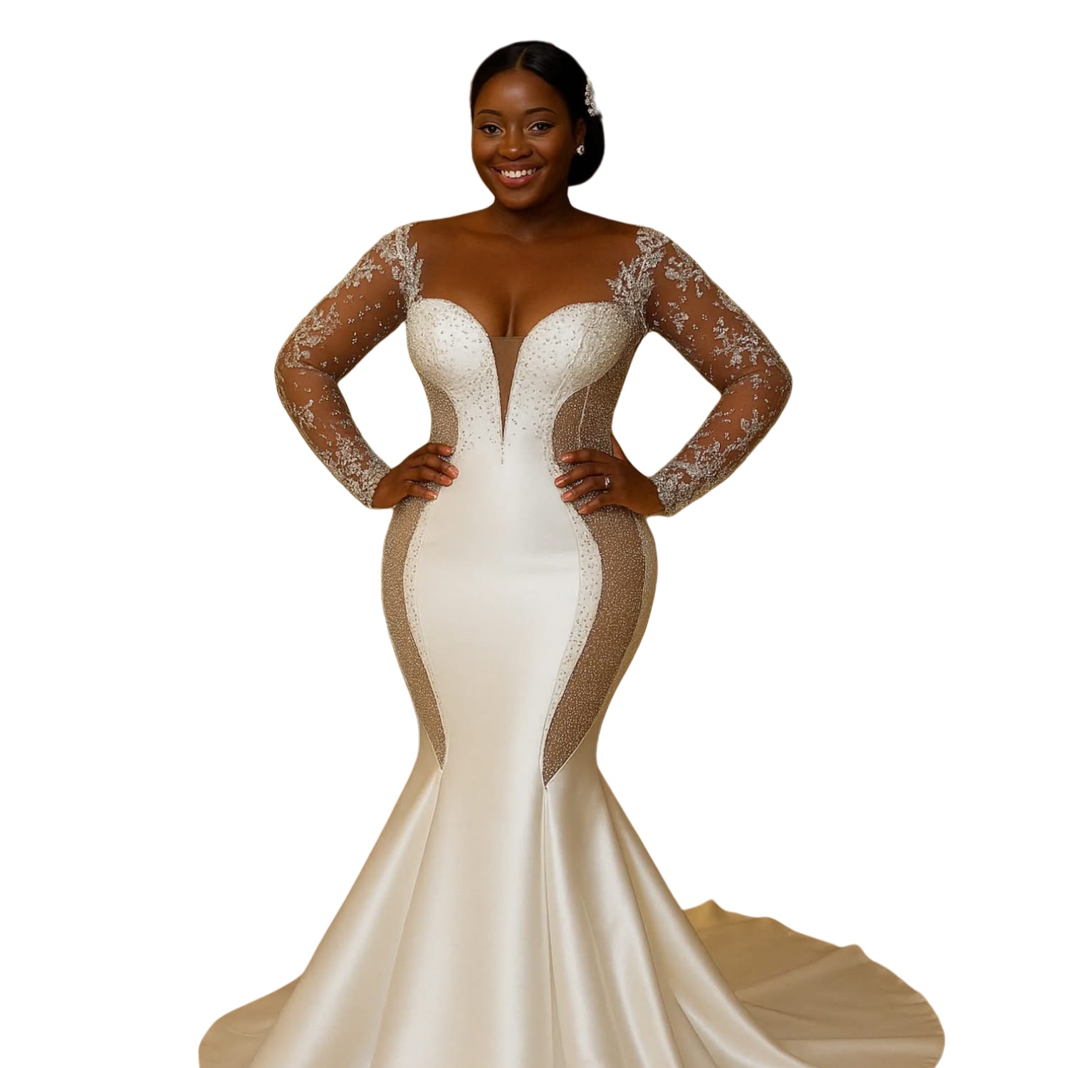 2025 Oversize Aso Ebi Plus Size Ivory Wedding Dress Illusion Lace Beaded Satin Full Sleeves Vintage Bridal Gowns Dresses ZJ058
