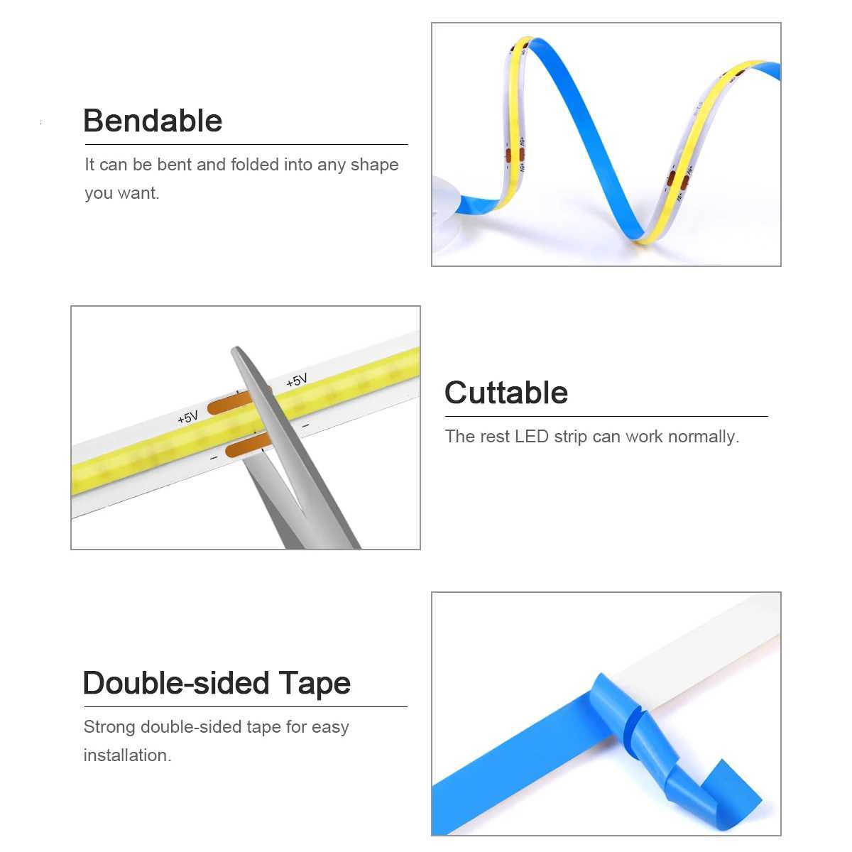 DC5V USB Tuya WiFi COB LED Strip Light App Control Dimmable Work With Alexa/Google Home Room Kitchen Cabinet Decor Lighting M251129