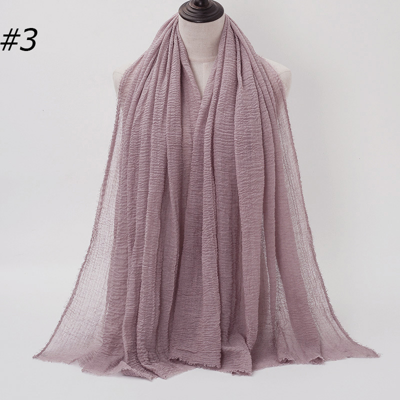 K552 Solid color simple natural wrinkled cotton and linen feel fur edge large size women's headscarf wrinkled monochrome cotton solid color scarf