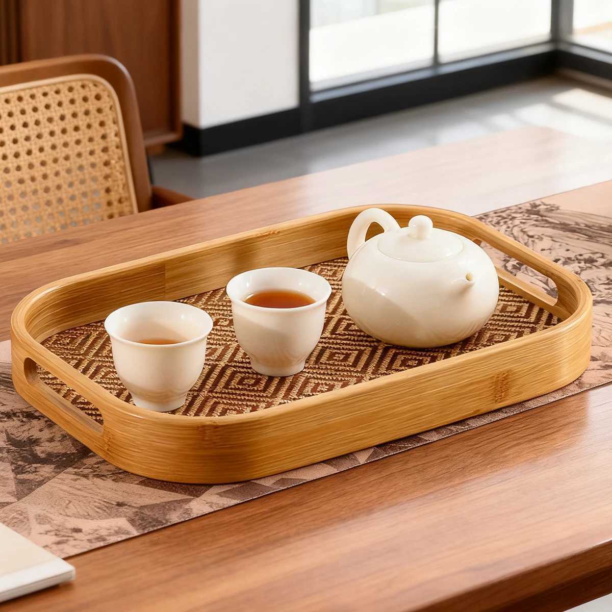 Large Bamboo Rectangular Tray with Handles - Home Restaurant Multi-Functional Platter Y251129