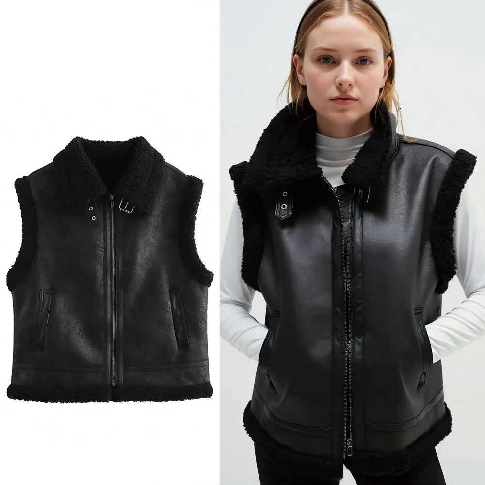 HH Autumn Winter Women Fashion Faux Leather Fleece Vest Top Vintage Sleeveless Outerwear Thick Warm Zipper Waistcoats CoatT251129