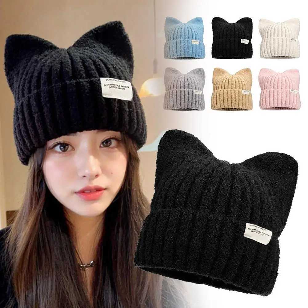 Cute Cat Ears Beanie Hats for Women Winter Korean Y2K Knitted Streetwear Handmade Crochet Bucket CapXJ251129