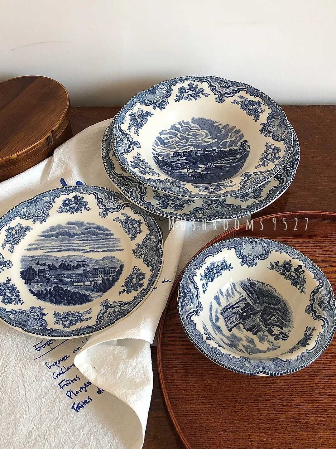 Luxury English Retro Blue Breakfast Dessert Plate Salad Bowl Pasta Plate Soup Bowl Steak Plate He Tableware Set dish set Y251129